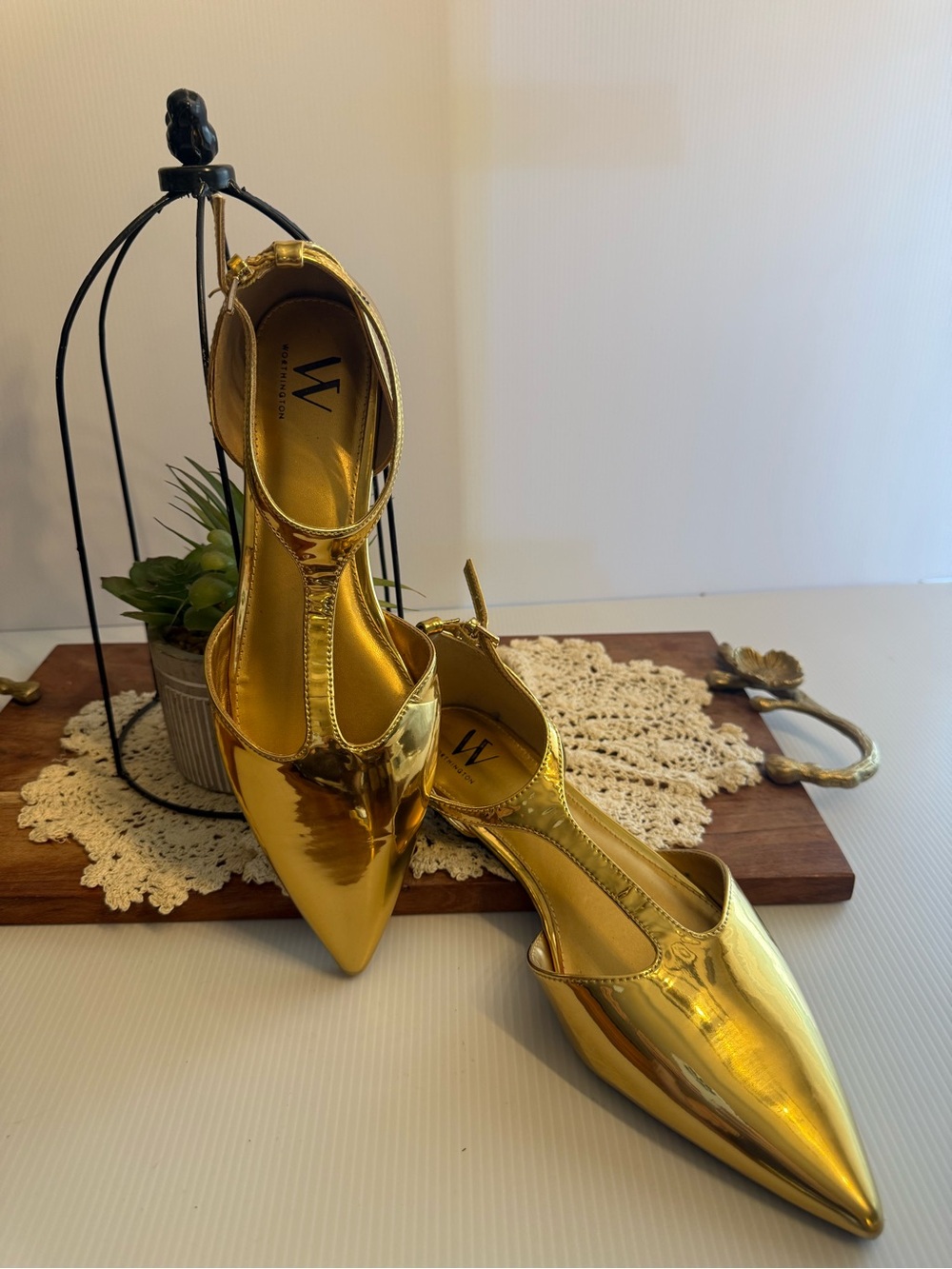 Worthington Gold Metallic Pointed-Toe T-Strap Flats